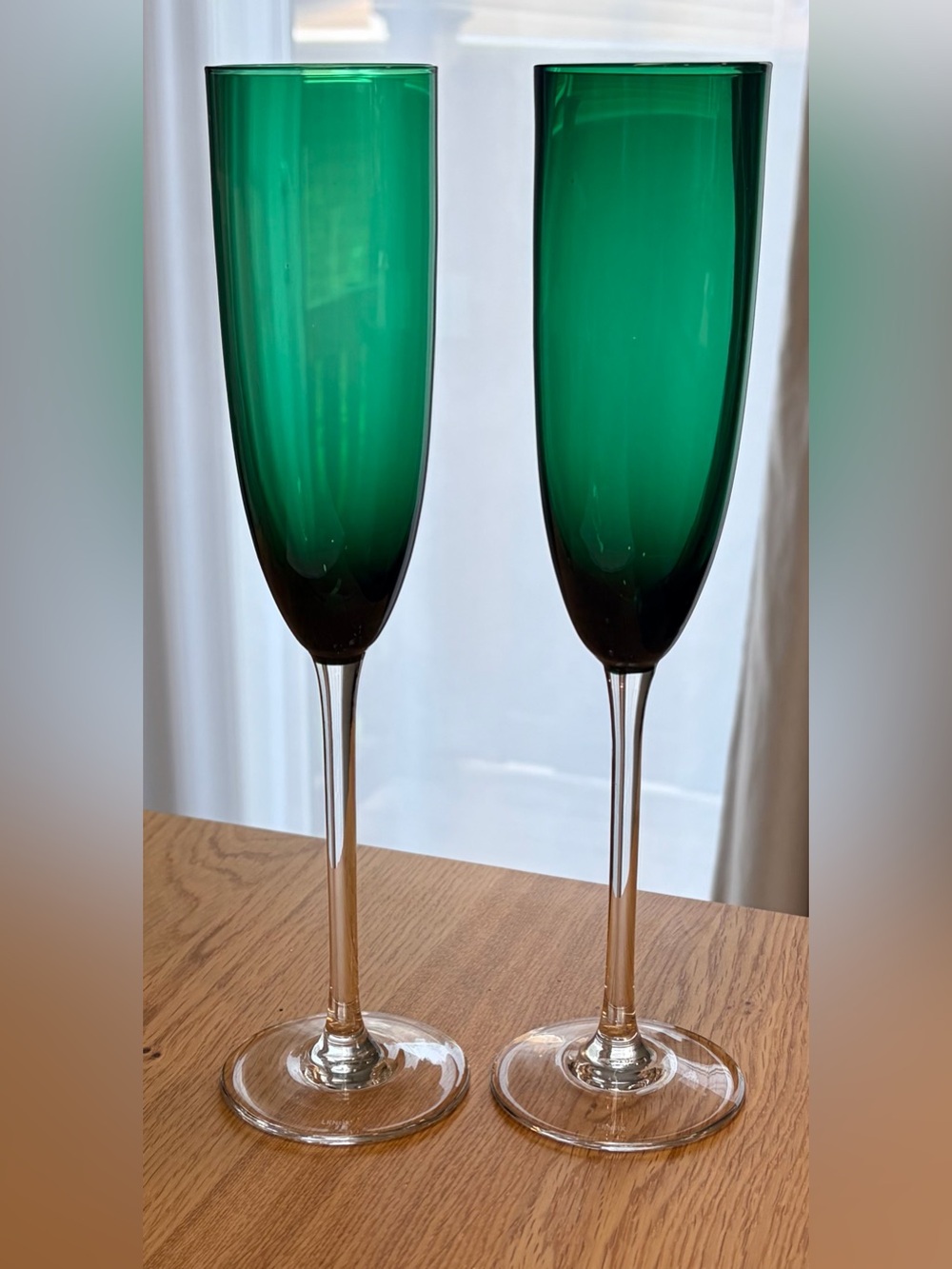Set of 2 Lenox Emerald Green Champagne Flutes Clear Stem Toasting Glasses 9"